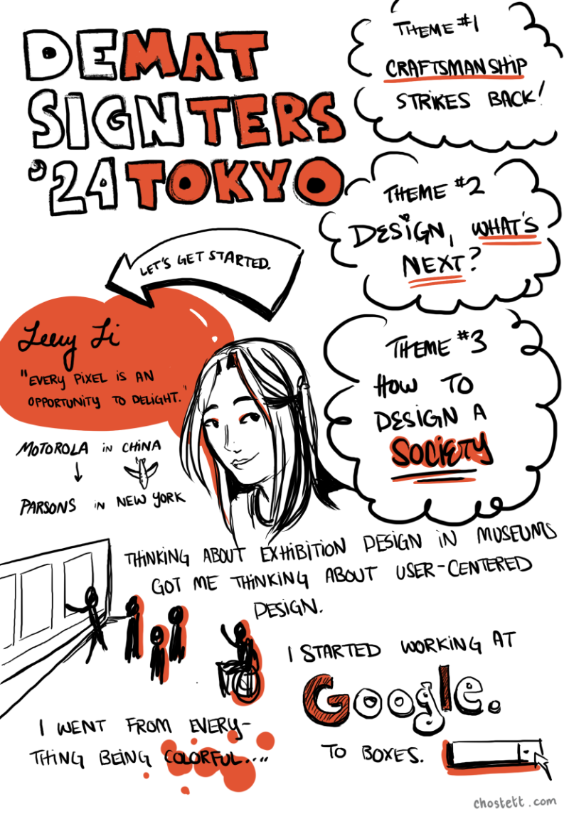 Title: Design Matters 24 Tokyo. Themes of this conference are 'Craftsmanship Strikes Back!,' 'Design, what's next?,' and 'How to design a society.' Let's get started with the first talk. A sketch of a woman with red highlights in her hair. She is Leecy Li. A quote is next to her that reads, Every pixel is an opportunity to delight. She begins the talk, 'I went from Motorola in China to Parsons in New York. Thinking about exhibition design in museums (my former job prior to Motorola) got me thinking about user centered design. I started working at Google. I went from everything being colorful...' Image of people of varying shapes and sizes looking at a wall, 'to boxes.