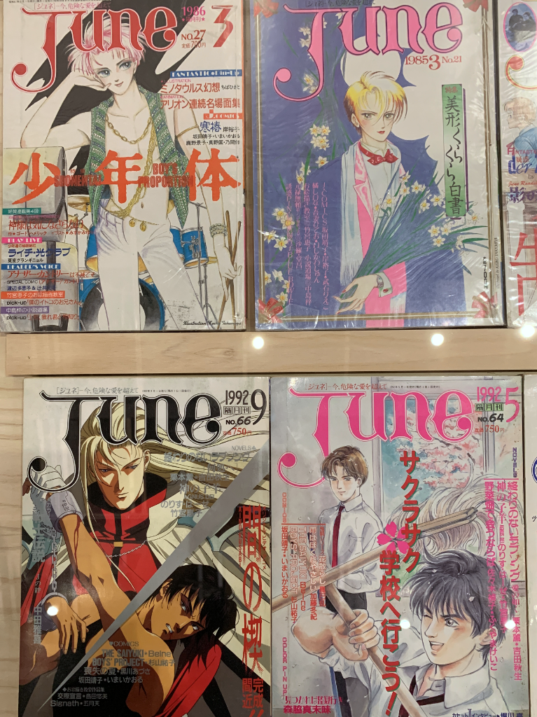 A comparison of JUNE magazines from the 80's to 90's; the style on the characters becomes more bold and varied.