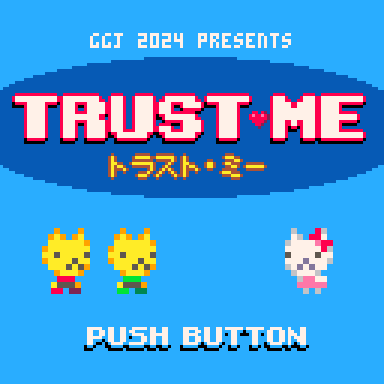 Three kittens, two yellow cats and one white one on a pixel background that says, 'Trust Me.'
