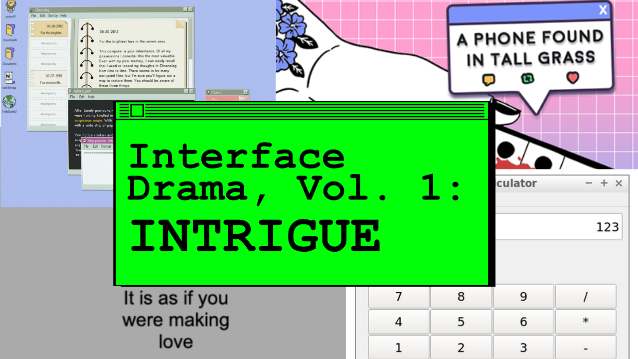 Interface Drama, Vol. 1: INTRIGUE. Shows screenshots of different interfaces.