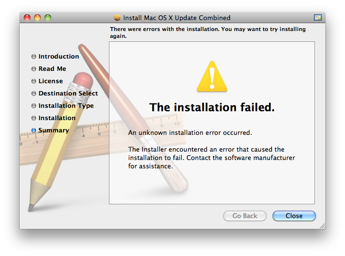 Text: The installation failed. An unknown installation occurred. Contact the software manufacturer for assistance.